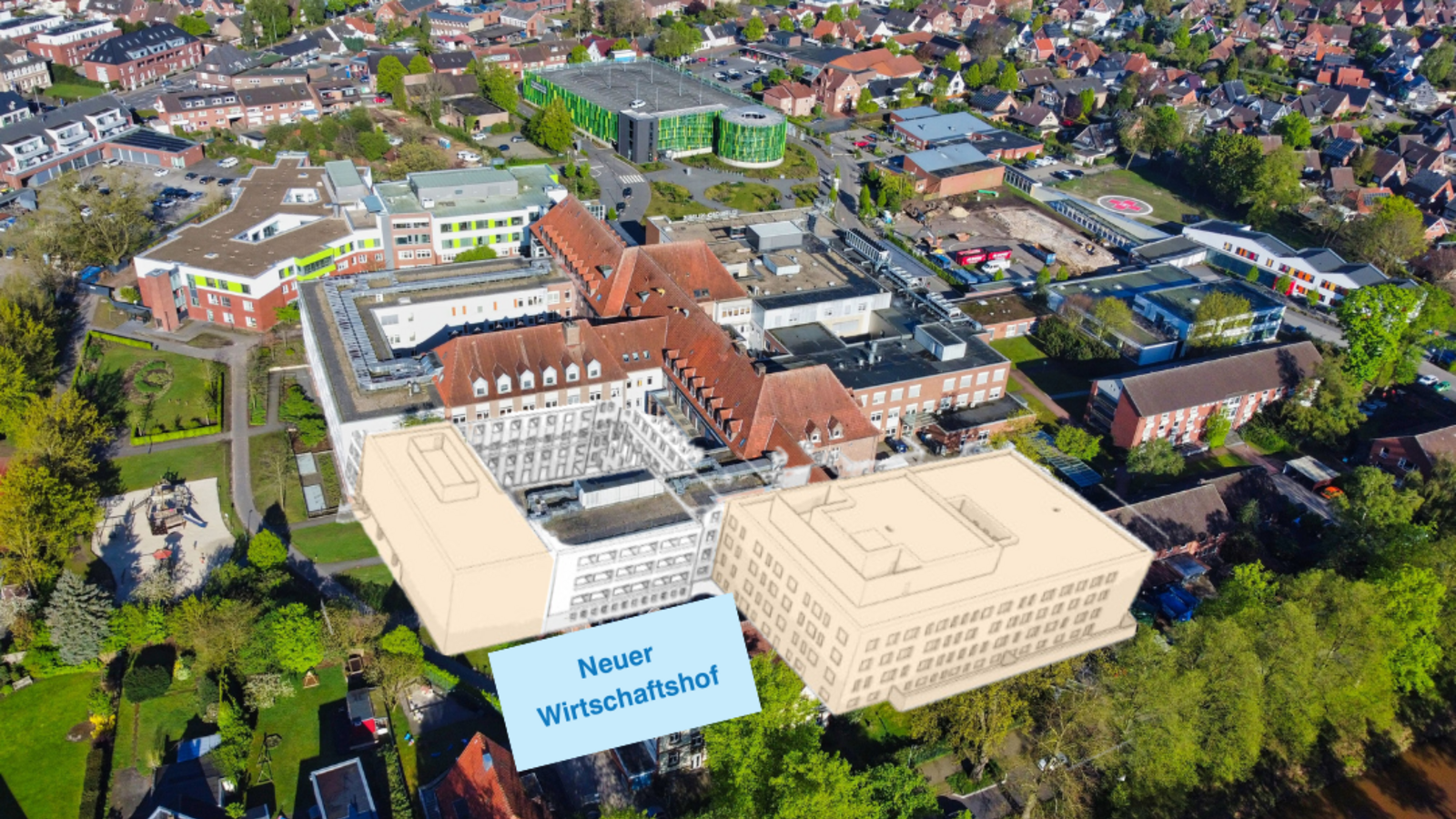 Am Hohenk&ouml;rbener Weg werden zwei Erg&auml;nzungsbauten entstehen: Bau Nord (rechts im Bild) und Bau S&uuml;d (links im Bild)